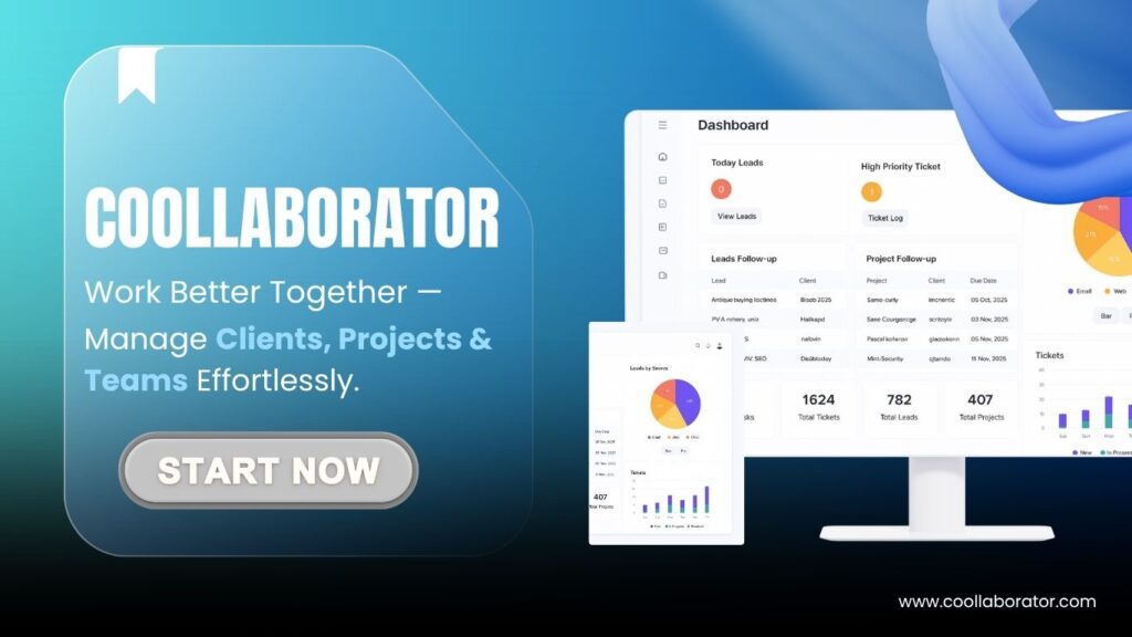 Coollaborator platform interface showing client, project, and team management dashboard for agencies