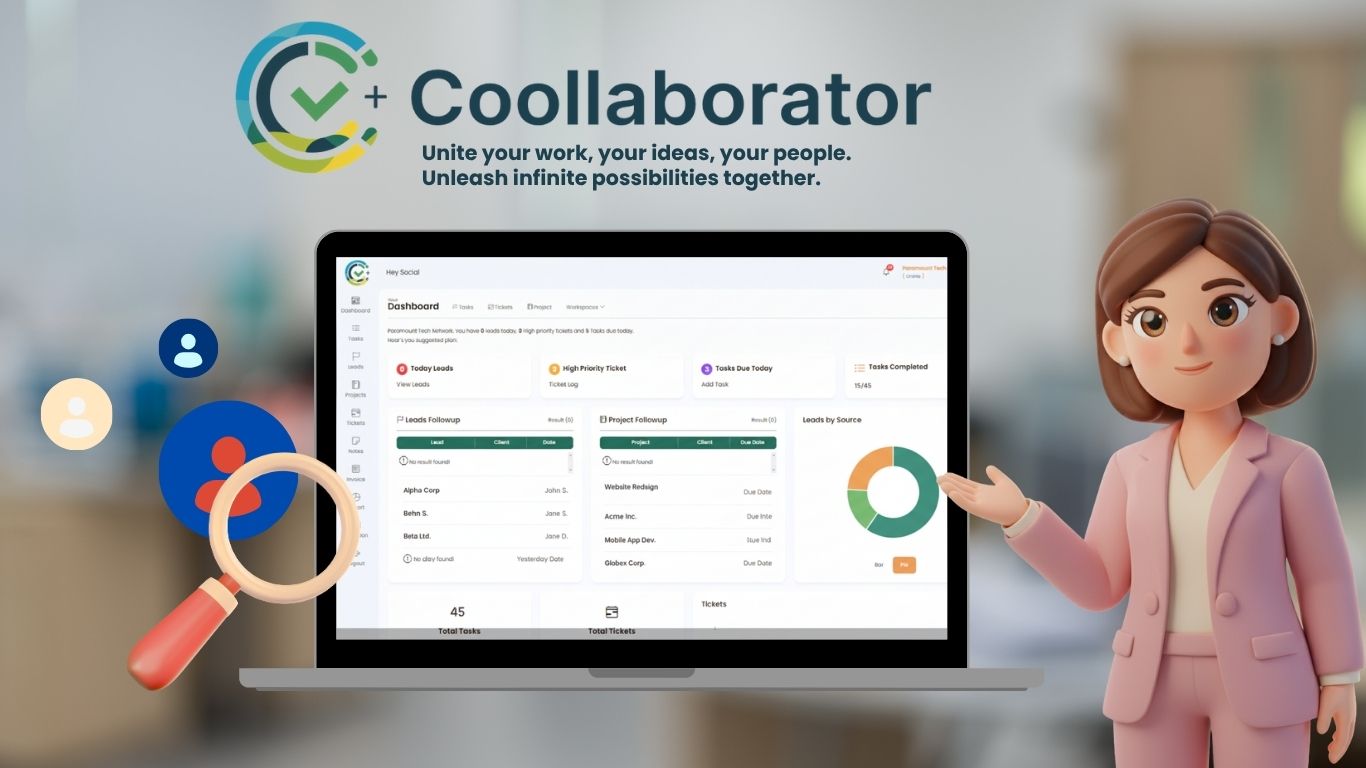 Coollaborator platform interface showing project and team management tools.