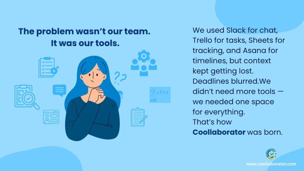 Team struggling with multiple tools before switching to a unified collaboration platform.
