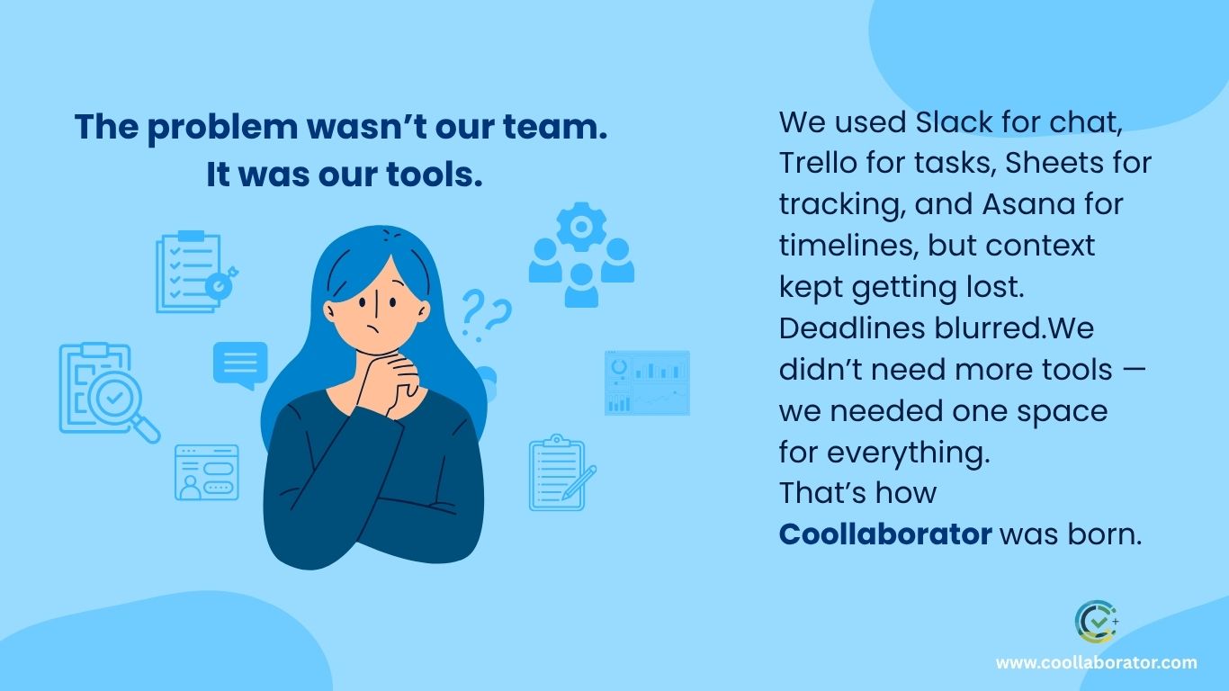 Team struggling with multiple tools before switching to a unified collaboration platform.